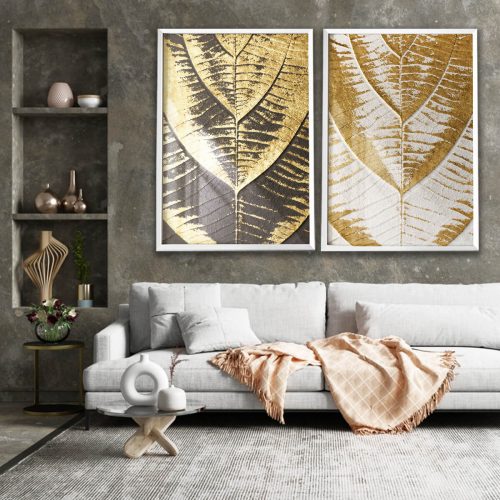 Quadro Abstrato Folha Dourado Preto e Branco 02