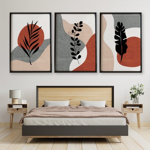 Quadro Abstrato Folhas Cinza Vermelho (2)