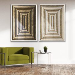 Quadro Abstrato Retangulo Dourado Preto e Branco (Duplo)