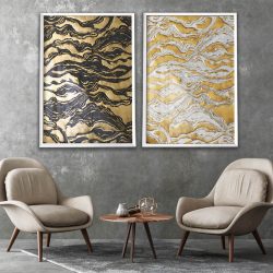Quadro Abstrato Nuvem Dourado Preto e Branco (Duplo)