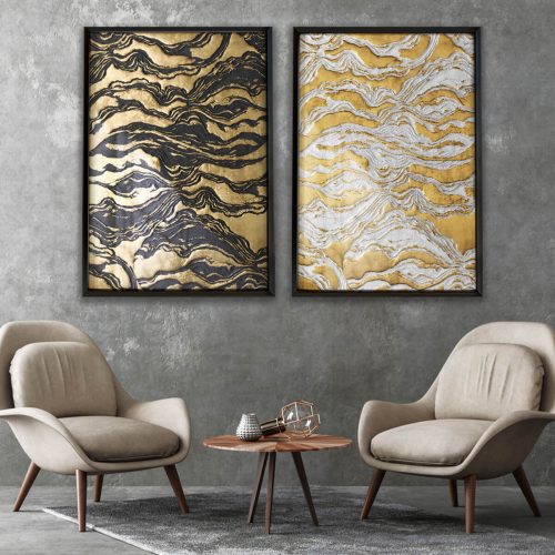 Quadro Abstrato Nuvem Dourado Preto e Branco (Duplo) 03