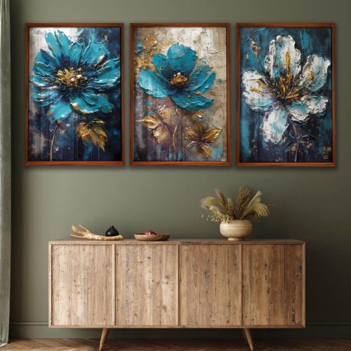 Quadro Flor Azul e Dourado, Criando uma galeria pessoal em casa Além de decorar corredores e espaços pequenos, os quadros também podem ser usados para criar uma galeria pessoal em casa. Mostre suas memórias, fotos e obras de arte favoritas! Uma ótima maneira de decorar sua casa com significado especial para você e sua família. Escolha fotografias e obras de arte que reflitam sua história e interesses pessoais. Pode ser uma foto de uma viagem especial, um retrato de família ou uma pintura que desperte emoções positivas. Ao criar uma galeria pessoal, você adiciona um toque de intimidade e personalidade à sua casa, tornando-a verdadeiramente única e especial. Organize os quadros de forma criativa, experimentando diferentes layouts e combinações. Lembre-se de deixar espaço suficiente entre cada quadro para garantir que cada obra se destaque e seja apreciada sozinha. Ao criar essa galeria pessoal, você pode transformar um corredor ou espaço pequeno em um lugar cheio de significado e memórias.