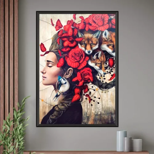 Quadro Mulher Flores e Feras, Quadros com frases e ilustrações divertidas Outra tendência em alta na decoração com quadros são aqueles com frases e ilustrações divertidas. Esses quadros trazem um toque de humor e descontração ao ambiente, agregando um clima leve e descontraído. As frases podem ser inspiradoras, engraçadas ou motivacionais, abordando temas diversos como amor, amizade, trabalho e superação.  Já as ilustrações podem ser coloridas, abstratas ou representar personagens e situações divertidas. Esses quadros são ideais para espaços informais, como salas de estar, cozinhas e áreas de lazer, em que o objetivo é criar um ambiente alegre e acolhedor.  Além disso, eles podem ser facilmente combinados com outros elementos decorativos, como almofadas, tapetes e objetos de decoração, criando uma harmonia visual e temática no ambiente.