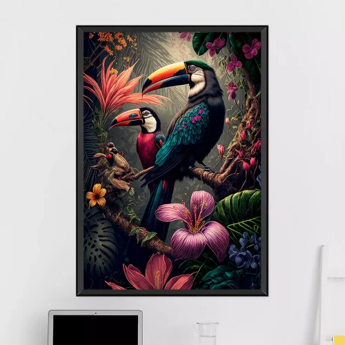 Quadro Tucanos Flores Verdejante, Por que os quadros são importantes na decoração de interiores? Os quadros são importantes na decoração de interiores pois são capazes de adicionar personalidade, estilo e emoção a cada ambiente. Eles têm o poder de criar histórias e despertar emoções por meio da arte, além de proporcionarem versatilidade na harmonia decorativa, podendo ser adaptados a diferentes estilos e temas.